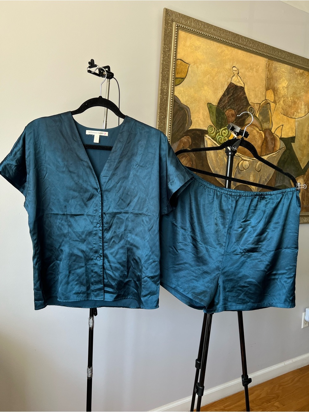 Victoria's Secret Satin Pajama Set Teal Blue Shirt & Shorts Size Medium